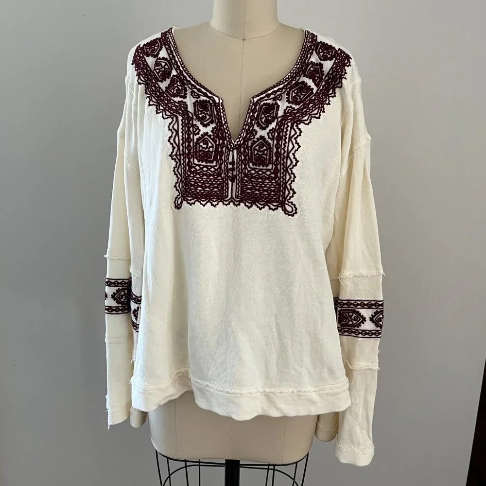 Free People Santa Maria Boho Chic Top Cream Embroidered Long Sleeve Peasant S